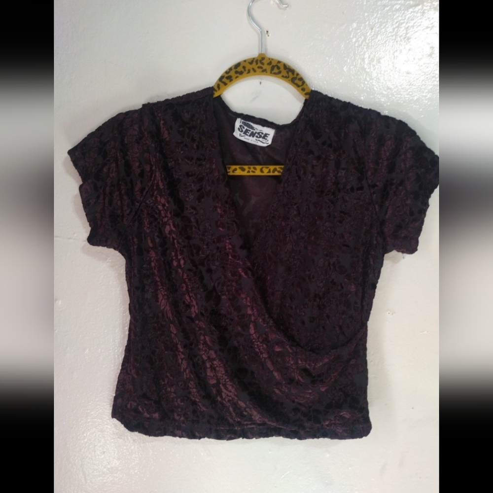 Vintage 90s Dark Brown Burnout Velvet Floral Print Top/Blouse sz S / M